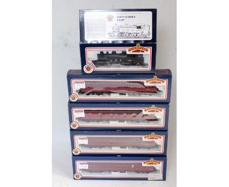 Bachmann 31-453 Ivatt 2-6-2 tank engine LMS post war livery (G-BG) together with 34-600, 34-601, and 2x 34-625 BR crimson Mk1