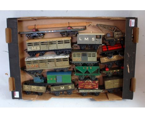 Large tray containing 15 pre-war Hornby LMS wagons including No. 2 lumber, 2x No. 2 cattle trucks, breakdown van and crane, 3