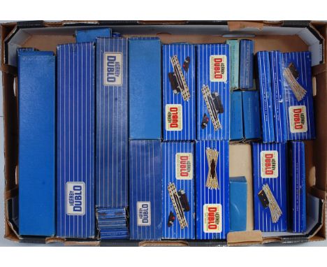 Boxed Hornby Dublo 3-rail track, all (G-VG-E) boxes vary (F-E), approx quantities: 54 full straights, 24 halves, 3 isolating,