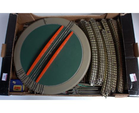 Unboxed Hornby-Dublo 3-rail track all (G-VG-E), approx. quantities: One turntable (VG-E); 12 straights + 3 terminal; 31 halve