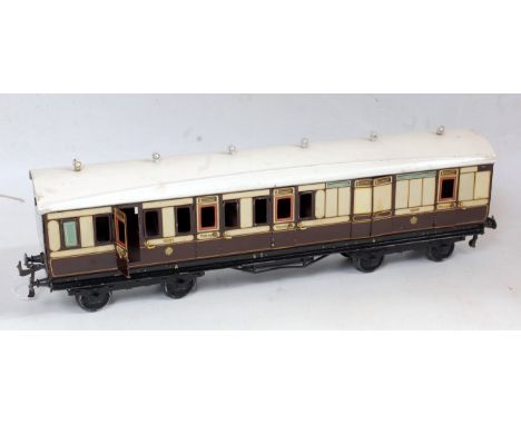 Bing Gauge 1 brown and cream Br/3rd corridor bogie coach No. 1921, opening doors, some crazing to white roof but none to side