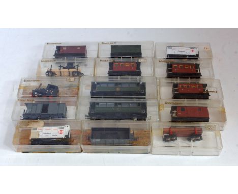 14 H09 narrow gauge wagons and coaches and an 0-4-0 tank engine, all by Egger-Bahn (G-BG)