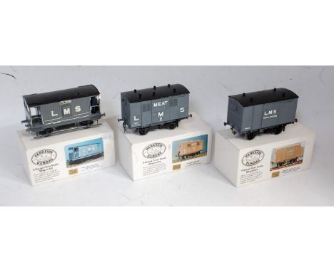 Five fully made and detailed Parkside Dundas wagon kits all with finescale wheels, 3-link couplings, all LMS grey with white 
