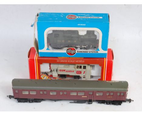 An Airfix 54152-7 0-4-2 GWR auto tank engine (G-BG), a maroon auto coach (G) and a Hornby R164 Iron Horse loco (G-BG)