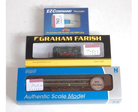 Dapol N gauge DCC fitted BR green class 122 rail car (M-BM) together with Farish by Bachmann BR green class 08 diesel shunter