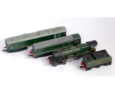 Three Hornby Dublo locomotives, all 2-rail, Co-Bo diesel, weathered (GR), type 1 Bo-Bo diesel, some repainting (FR), and a Br