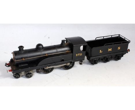 Hornby 1921/29 completely repainted No. 2 4-4-0 clockwork loco as black LMS No. 2711 front coupling broken, missing offside l