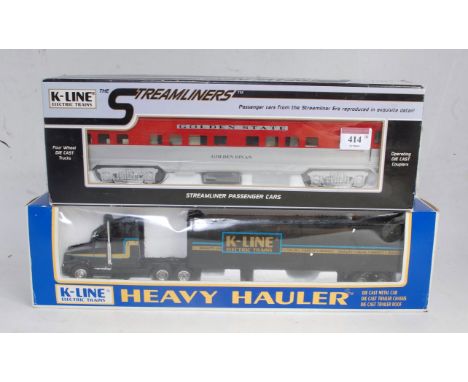 Two K-Line items: Golden State streamliner car K4532-0479 flat end observation car (NM-BVG) with heavy haulier tractor traile