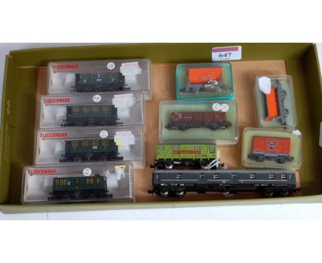 4 Fleischmann N gauge 4-wheel Bavarian style coaches (NM-~BNM) Peco wagons (BG) and a Lima FS sleeping car and meat van (G)