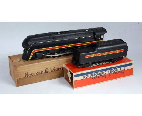 Lionel steam outline 'Norfolk and Western' 4-8-4 loco with 8-wheel bogie tender, black with red stripe and yellow lettering, 