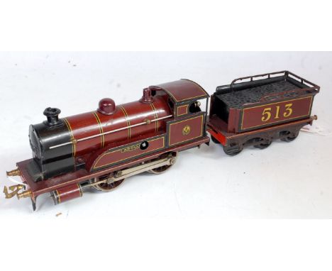 Bing 0-4-0 c/w loco and 6-wheel tender 'Apollo', LMS red, tender No. 513 yellow and black lining, light crazing to paintwork 