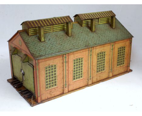 Hornby 1928/33 No. 2 engine shed yellow/cream base, yellow ridge tiles, inside of doors printed, track has been converted to 