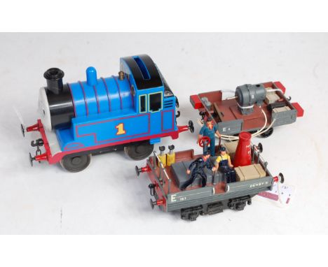 Three 2-rail items: small 0-4-0 Thomas The Tank engine, unidentified commercial make, appears to have been clockwork converte
