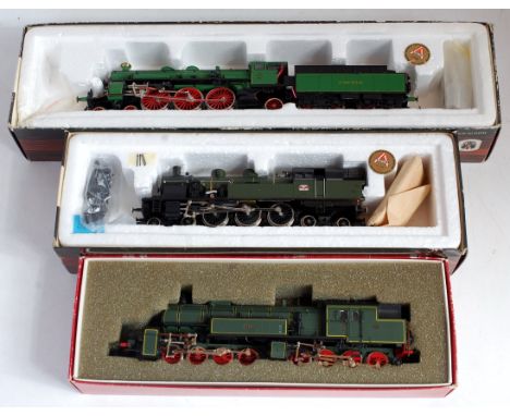 Liliput Ref. 7872 SNCF black 4-6-4 tank engine (G-BG), a K Bay STSB green 4-6-2 engine and tender (G-BG), and a Rivarossi Ref