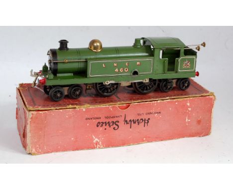 Hornby 1928 green LNER clockwork tank loco No. 460, crest on bunker, brass dome, 5 boiler bands, green running plate and vala