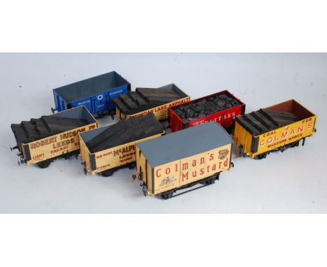 Seven kit built wagons, finescale wheels, 3-link couplings: 6 open and a box van: Opens – McAlpine; Trinidad Lake Asphalt; Ro