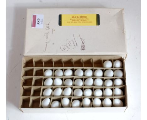 Box of 42 white globe electric bulbs for Lionel lamp standards; screw fittings, original supplier Jill A Sisco of California,