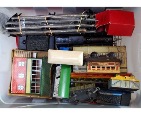 Large plastic crate containing Hornby compound c/w loco overpainted black with non-Hornby tender (F), post war Hornby No. 2 s