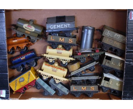 Large tray containing 18 Hornby pre-war wagons mainly LMS including 4x open, flat with BI Cable drum, No. 1 lumber with shipp