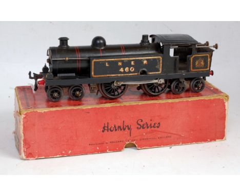 Hornby 1928/29 black LNER clockwork No. 2 tank loco No. 460, crest on bunker black dome, 5 boiler bands, buffer beams repaint