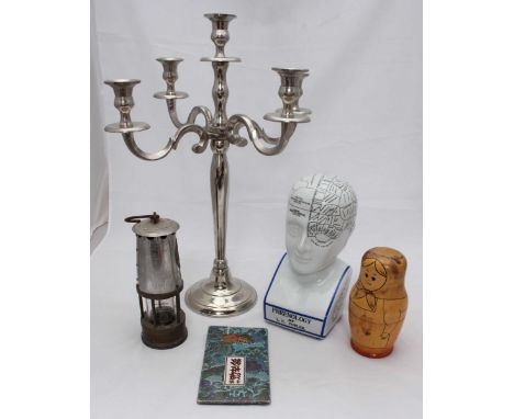 A white metal five-light candelabra, together with a Miner's Lamp 'The Protector'  maker's Eccles, Manchester, a phrenology h