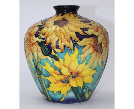 A Moorcroft pottery Trial Piece vase of ovoid form decorated in a 'Sunflower' pattern, dated 14.8.2000, production symbol of 