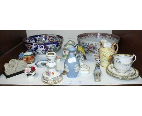 An assortment of mixed ceramics including a Royal Worcester blush ivory jug, a Rosenthal bird, some Aynsley tea wares, two la