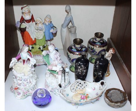 SECTION 19.  A Dresden porcelain figure group Yardleys Old English Lavender, together with a pair of Cloisonne vases, two Mei