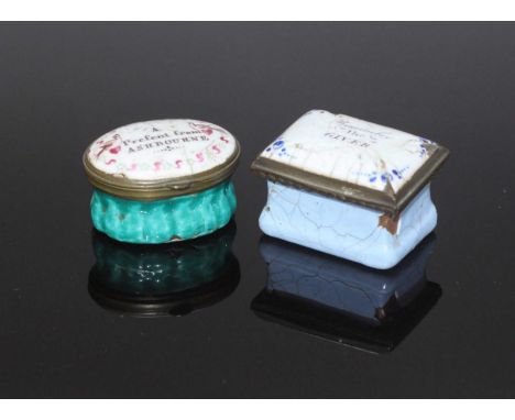 An 18th century enamel on copper oval patch box inscribed 'Present from Ashbourne,' to the hinged cover, and another inscribe