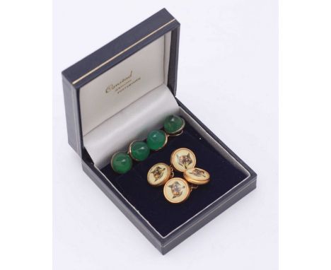 A pair of yellow metal cufflink's set with jade 'coloured' cabuchon stones (test as higher than 9ct gold), together with a pa