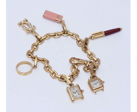 A Cartier .750 standard (18ct) yellow gold charm bracelet, with six Cartier charms including Cartier diamond pave-set monogra