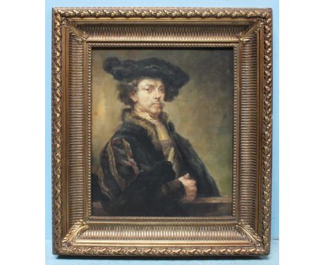 After Rembrandt - 20th century half-length self-portrait, unsigned, oil on canvas, in ornate gilt frame. 60 x 50cm.