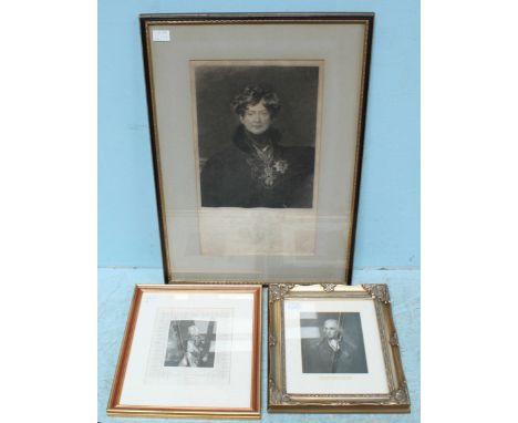 Two framed monochrome prints of Horatio Nelson and a monochrome print of George IV.