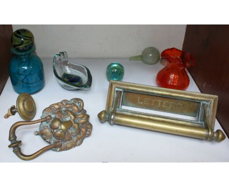 SECTION 7.  A Mdina glass paperweight, globular stoppers and tangerine glass vase, together with a Victorian brass letter box