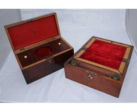 A walnut writing slope with red velour drop-leaf writing scribe and two glass inkwells together with a mahogany tea caddy