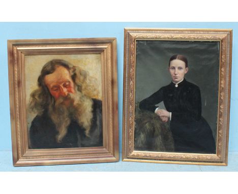 Half length portrait study of a young girl, unsigned, oil on canvas, 60cm x 40cm, together with a head and shoulders portrait