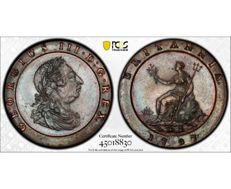 GREAT BRITAIN. George III, 1760-1820. Copper twopence, 1797. Soho Mint. Head of George III facing right; GEORGIUS III · D:G ·