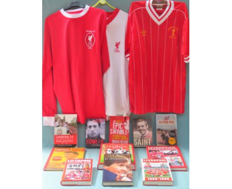 Mixed lot of Football memorabilia including Liverpool FC replica shirts, Liverpool FC related volumes and Autobiographies inc