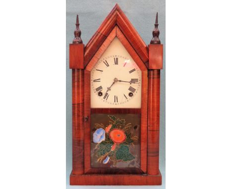 19th century Rosewood veneered gothic style Eight day American mantle clock. App. 49cm H Used condition, wear to areas, not t