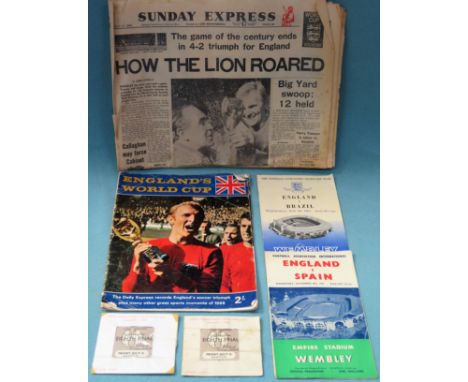 England Football memorabilia including 1955 programme, 1963 programme, two 1966 ticket stubs, plus Sunday Express Newspaper a