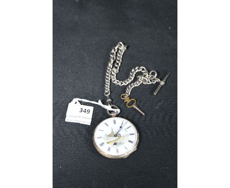French Silver Pocket Watch Engraved in Verse and Enamel to Dial plus Silver Albert and Key 