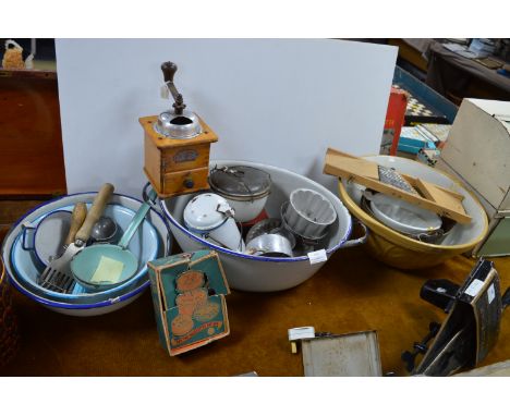 Kitchenalia; Enamel Bowls &amp; Dishes, Brass Jam Pan, Coffee Grinder, etc. 