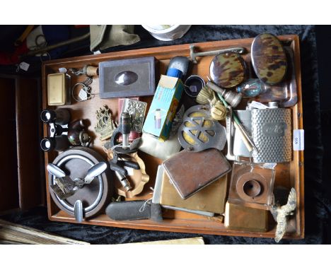 Tray Lot of Collectibles; Cigarette Cases, AA Badge, Hip Flask, Microscope, etc. 