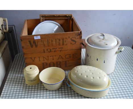 Vintage Wooden Port Crate Containing Enamel Kitchenware 