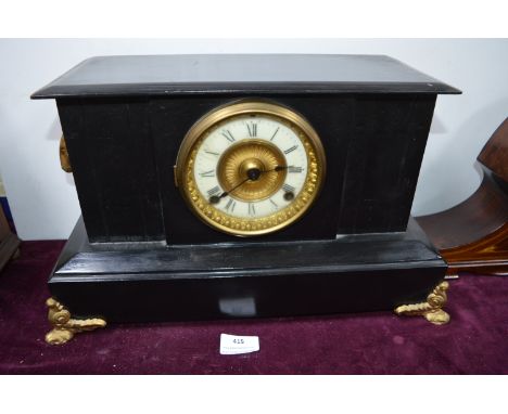 Black Slate Mantel Clock with Brass &amp; Enamel Face, and Gilt Rams Heads Detail 