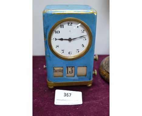 Blue Enameled Alarm Clock with Adjustable Calendar 