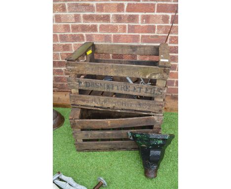 Two Vintage Wooden Crates, Cast Iron Rain Hopper, etc. 