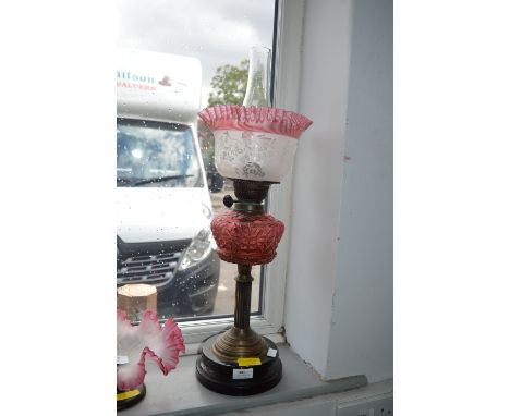 Victorian Oil Lamp with Rose Coloured Glass 