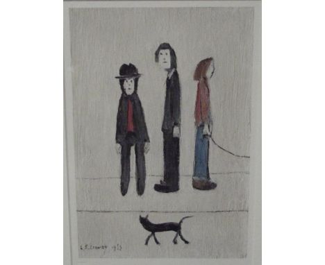 Laurence Stephen Lowry (1887-1976), coloured framed print, excellent all round condition, 'Three Men and a Cat', FATG blind s