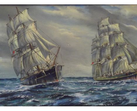 John Bishop, oil on canvas, seascape depicting two sailing ships, later script to verso "Full Sail Past The Needles" (Brig an
